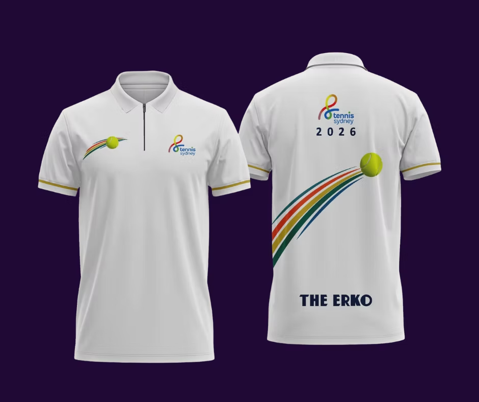 Tennis Sydney polo shirt, front and back, with the club logo and THE ERKO print