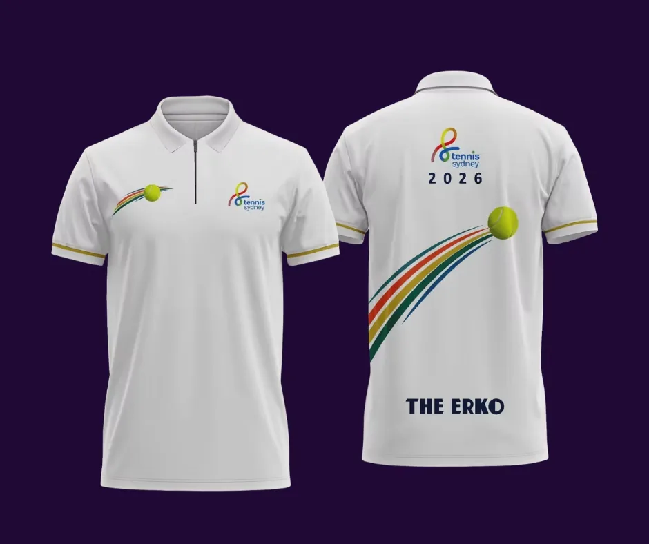 Tennis Sydney polo shirt, front and back, with the club logo and THE ERKO print